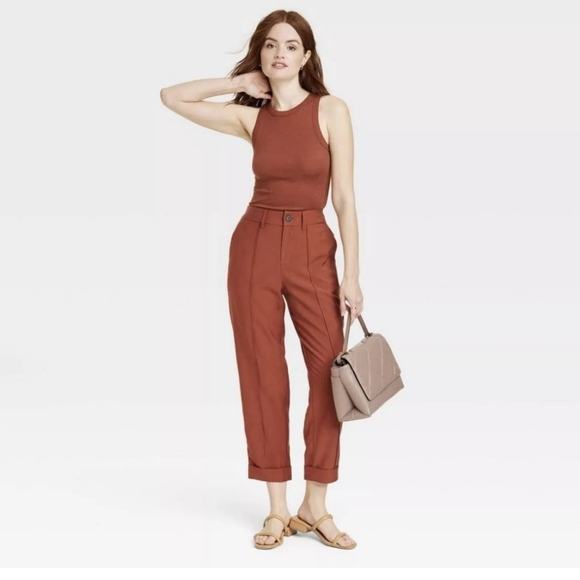 A New Day High Rise Slim Fit Pintuck Ankle Pants Casual Women Brown Egg Size 2 - Picture 2 of 10